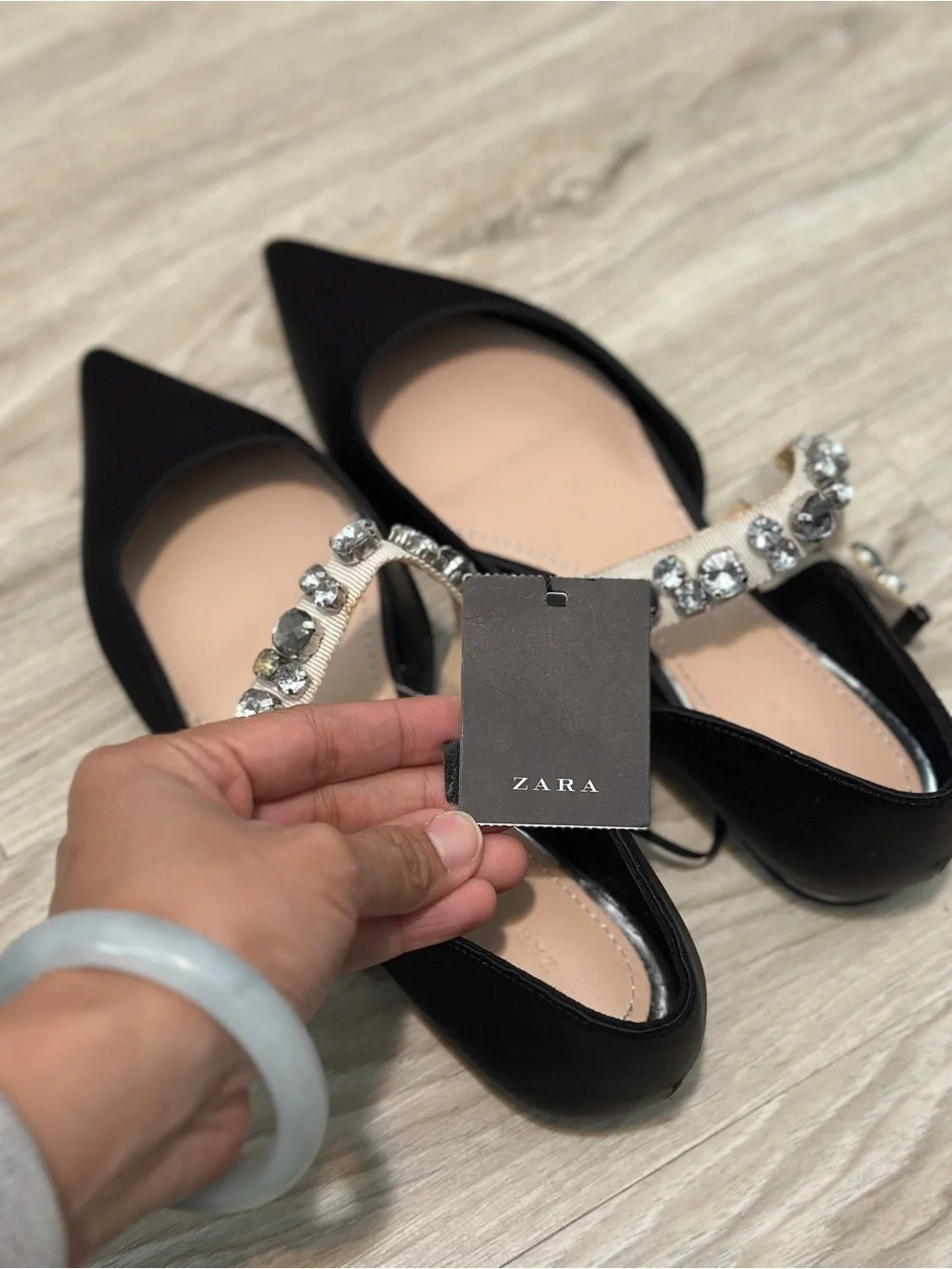 ZARA Black Satin Rhinestone Strap Flats Size 37 NWT